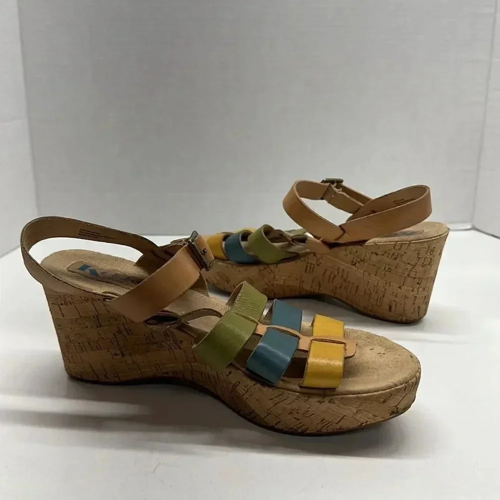 Kork Ease Wedges Sandals High Heel Shoes Wedge Leather MultiColor Strappy Size 8